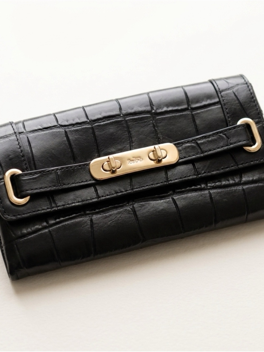 Coach Black Croc-Embossed Leather Wallet with Gold Hardware